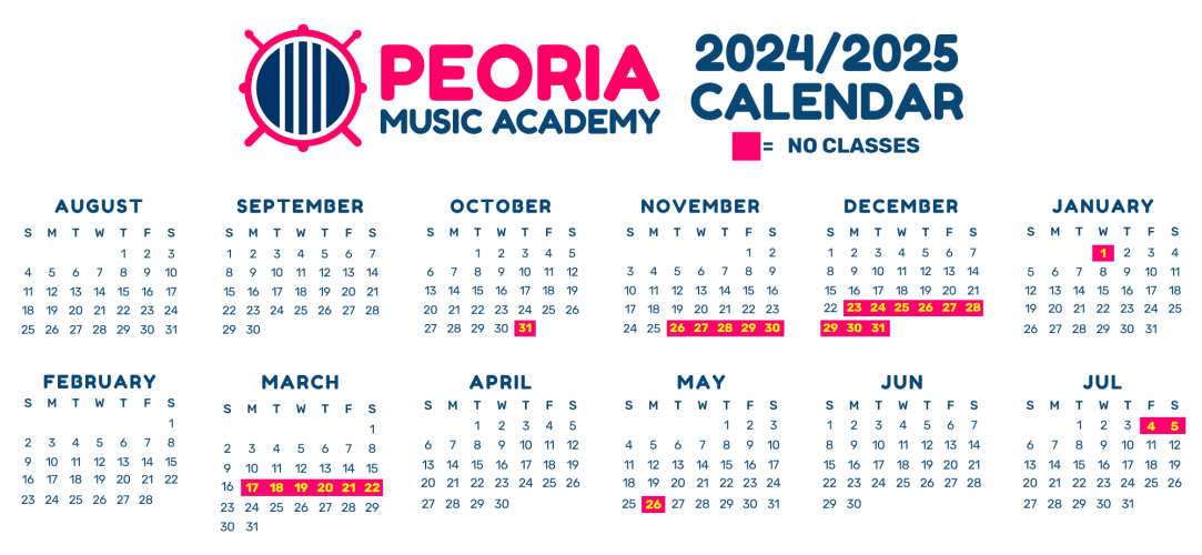 Peoria Music Academy calendar for 2024 through 2025